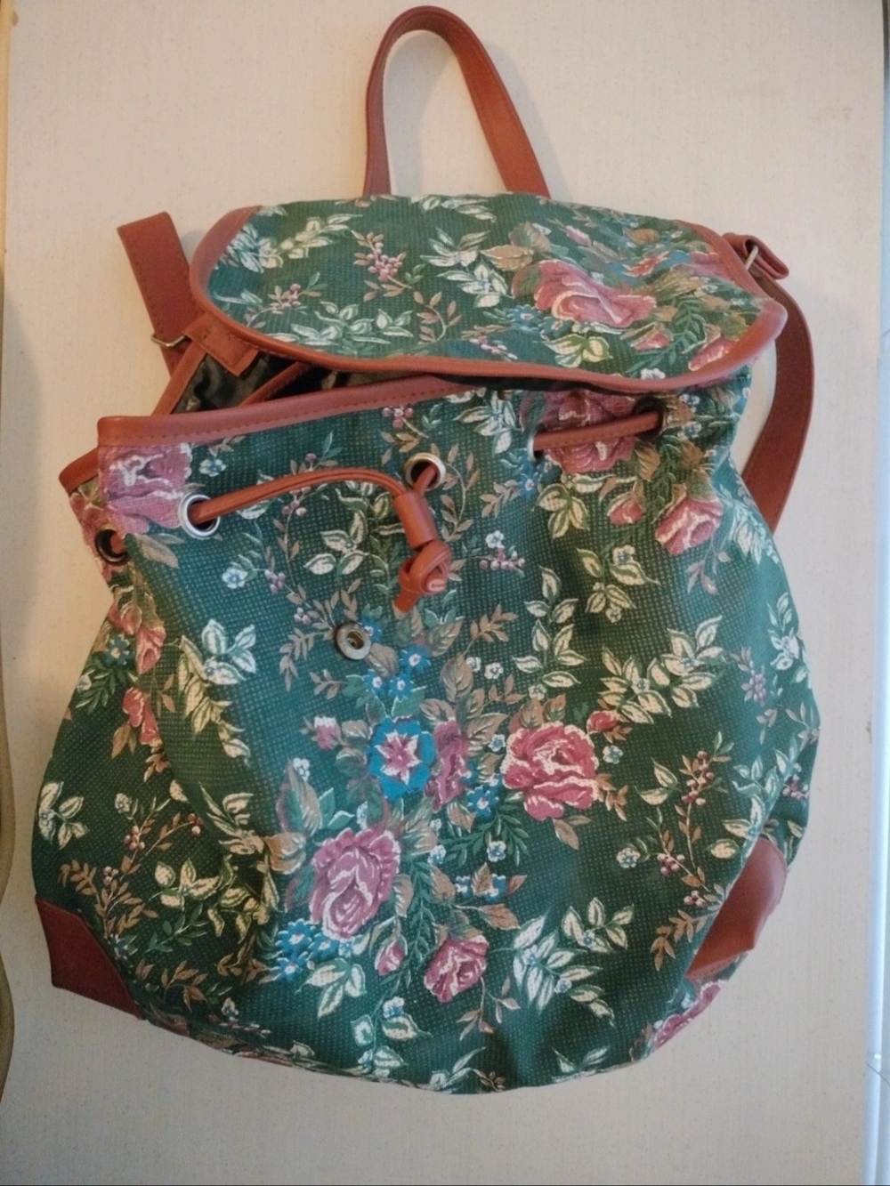 1994 Vintage Avon Green Floral Backpack with Pink Rose Accents